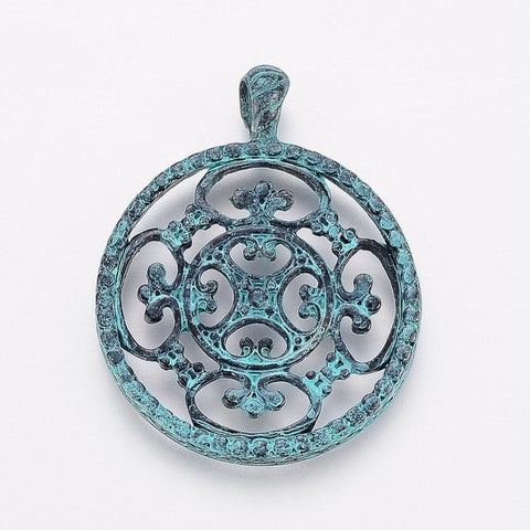 BeadsBalzar Beads & Crafts (PE5601) Flat Round with Flower Pattern, Antique Bronze & Green Patina  44mm long