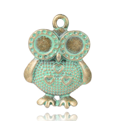 BeadsBalzar Beads & Crafts (PE5620) Owl Alloy Pendant , Antique Bronze & Green Patina Size: about 22mm wide, 30mm long
