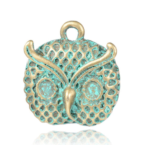 BeadsBalzar Beads & Crafts (PE6137) Owl Head Alloy Pendant , Antique Bronze & Green Patina 19.5mm wide, (2 PCS)