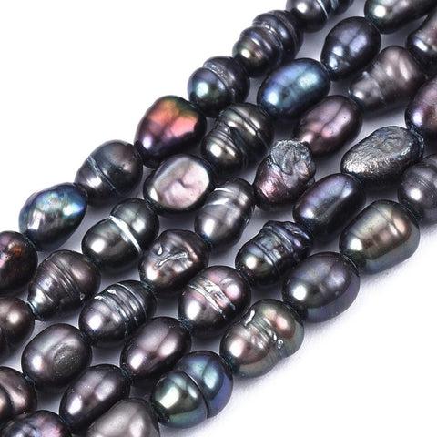 BeadsBalzar Beads & Crafts (PE8370-04A) Natural Cultured Freshwater Pearl Beads Strands, Rice, Black 4.5~7mm (1 STR)