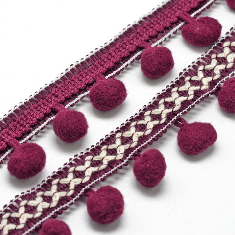 BeadsBalzar Beads & Crafts (PP7487-08E) MED.VIOLET RED (PP7487-X) Polyester Pom Pom Ball Ribbons,  31mm wide; ball: 13mm (2 METS)