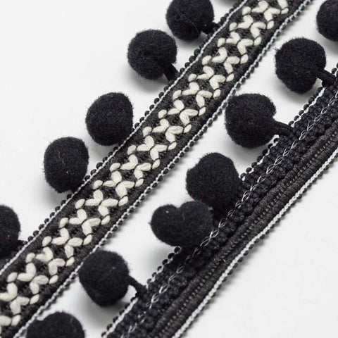 BeadsBalzar Beads & Crafts (PP7487-08F) BLACK (PP7487-X) Polyester Pom Pom Ball Ribbons,  31mm wide; ball: 13mm (2 METS)