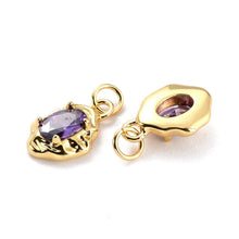 Load image into Gallery viewer, BeadsBalzar Beads &amp; Crafts PURPLE (GQP8411-E) (GQP8411-X) Brass Micro Pave Cubic Zirconia Pendant, Real 18K Gold Plated, Oval, 8x12mm (2 PCS)

