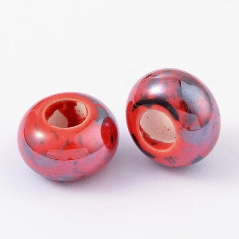 BeadsBalzar Beads & Crafts Red (CB1372C) Handmade Porcelain Beads, Pearlized, Rondelle, (& Colors), 15x10mm, Hole: 6mm (CB1372)