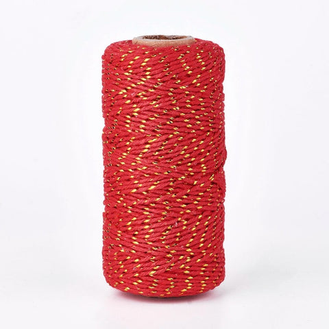 BeadsBalzar Beads & Crafts RED (MC7798-02E) (MC7798-X) Cotton String Threads, Macrame  with Gold Wire, 1~1.5mm (100m)