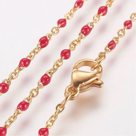 BeadsBalzar Beads & Crafts RED (SC6412D) (SN6412X) 304 Stainless Steel Chain Necklaces, with Enamel Links, Golden, (45.5cm)long, 1.5~2mm wide