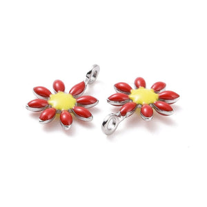 BeadsBalzar Beads & Crafts RED (SF8722-01) (SF8722-X) 304 Stainless Steel Charms, with Enamel, Flower, 7.5x10mm (5 PCS)