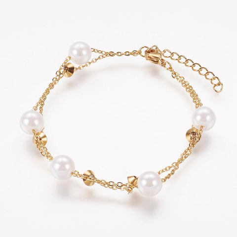 BeadsBalzar Beads & Crafts (SB6611A) 304 Stainless Steel Bracelets, with Acrylic Pearl Beads, Golden (175mm)