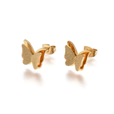 BeadsBalzar Beads & Crafts (SB7468B) 304 Stainless Steel Stud Earrings, Textured, Butterfly, Golden12mm (1 PAIR)