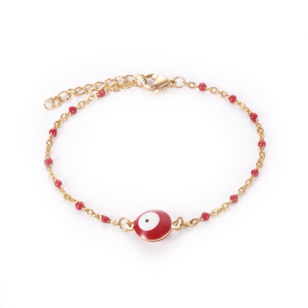 BeadsBalzar Beads & Crafts (SB8672-09) 304 Stainless Steel Enamel Link Bracelet Evil Eye, Golden, Red (17.5~18cm)