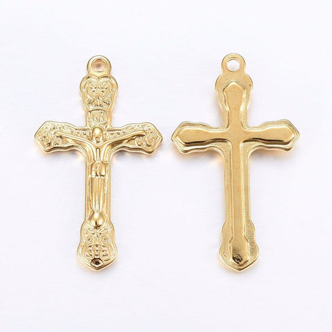 BeadsBalzar Beads & Crafts (SC6372A) 304 Stainless Steel Pendants, Crucifix Cross, Golden  Size: about 19mm wide, 33mm long (2 PCS)