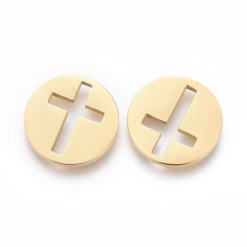 BeadsBalzar Beads & Crafts (SC8395-06G) Ion Plating(IP) 304 Stainless Steel Flat Round with Cross, Golden 10.5mm (2 PCS)