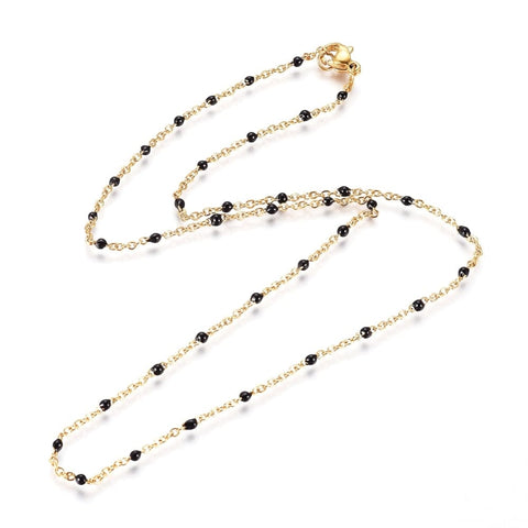 BeadsBalzar Beads & Crafts (SC8703-01B) 304 Stainless Steel Chain Necklaces, with Enamel Links, Golden, Black 45.5cm (1 PC)