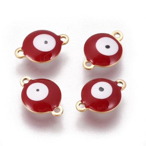 BeadsBalzar Beads & Crafts (SE6060F) GOLD/RED (SE6060X) 304 Stainless Steel Enamel Links, Flat Round with Evil Eye,  10mm wide, 14.5mm long, 4.5mm  (4 PCS)