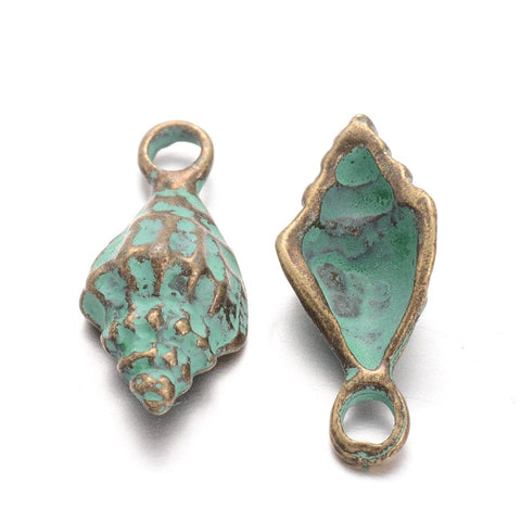 BeadsBalzar Beads & Crafts (SH5618) Conch Alloy Pendants, Nickel Free, Antique Bronze & Green Patina 19mm long