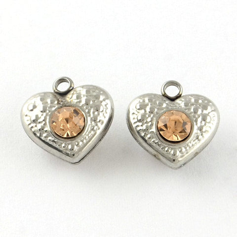BeadsBalzar Beads & Crafts (SH6020) 304 Stainless Steel Rhinestone Heart Charms, Light Peach Size: about 13mm long, (2 PCS)