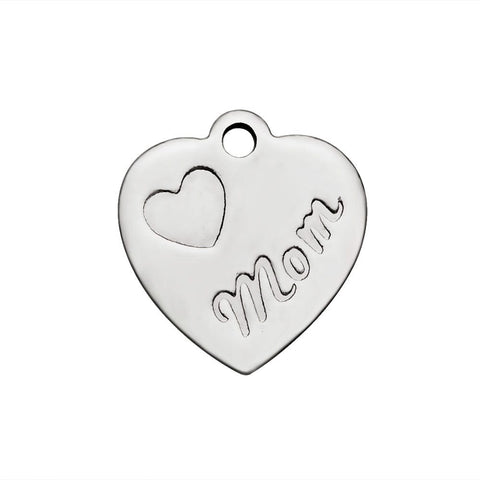 BeadsBalzar Beads & Crafts (SH6109A) 304 Stainless Steel Charms, Heart with Mom, 13mm long, (5 PCS)