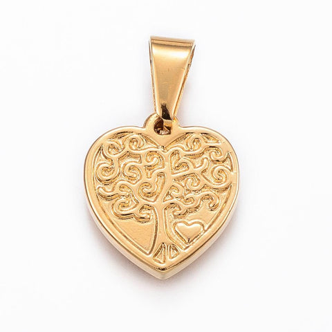BeadsBalzar Beads & Crafts (SH6831A) 304 Stainless Steel Pendants, Heart with Tree, Golden 18.5mm long (2 PCS)