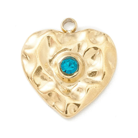 BeadsBalzar Beads & Crafts (SH8704-16G) 304 Stainless Steel with Blue Zircon Rhinestone, Heart, Golden 13.5x15mm (1 PC)