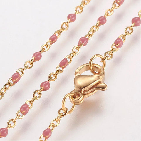 BeadsBalzar Beads & Crafts (SN6412A) GOLD/PALE RED (SN6412X) 304 Stainless Steel Chain Necklaces, with Enamel Links, Golden, (45.5cm)long, 1.5~2mm wide
