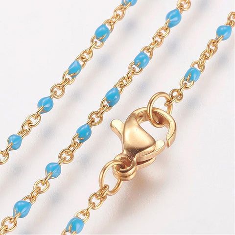 BeadsBalzar Beads & Crafts (SN6412C) GOLD / TURQUOISE (SN6412X) 304 Stainless Steel Chain Necklaces, with Enamel Links, Golden, (45.5cm)long, 1.5~2mm wide