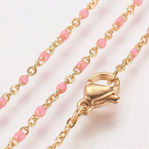 BeadsBalzar Beads & Crafts (SN6412E) GOLD/PINK (SN6412X) 304 Stainless Steel Chain Necklaces, with Enamel Links, Golden, (45.5cm)long, 1.5~2mm wide