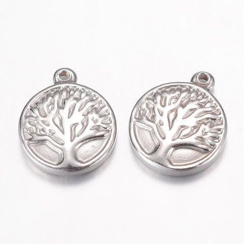 BeadsBalzar Beads & Crafts (SP5606) 304 Stainless Steel Charms, Flat Round with Tree, 15.5mm long (2 PCS)