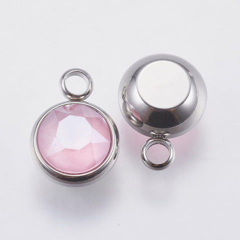 BeadsBalzar Beads & Crafts (SP6676-09) PINK (SP6676X) K9 Glass Pendants, with 304 Stainless Steel , 10mm wide (2 PCS)