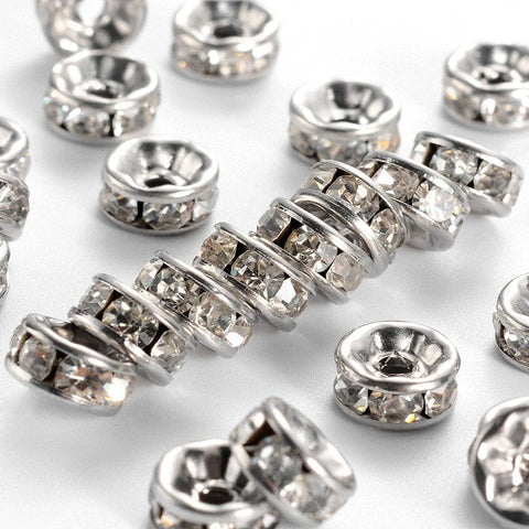 BeadsBalzar Beads & Crafts (SS5401) Disc 304 Stainless Steel Spacer Beads, with Rhinestone, Stainless Steel 8mm