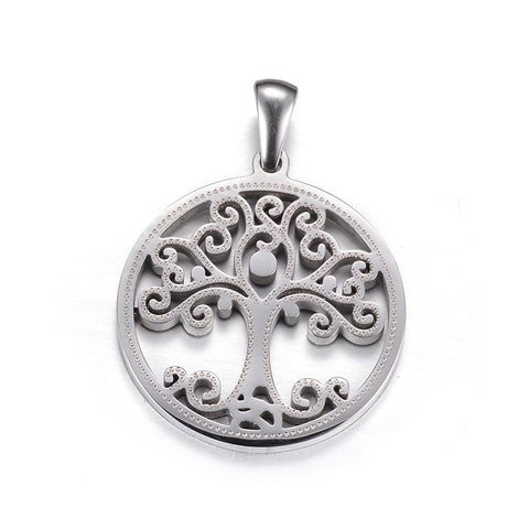 BeadsBalzar Beads & Crafts (ST5820A) 304 Stainless Steel Pendants, Flat Round with Tree of Life, 25mm wide