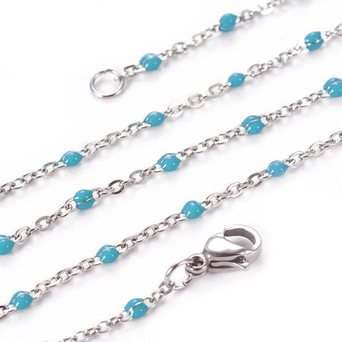 BeadsBalzar Beads & Crafts STEEL/TURQUOISE (SC6627X) 304 Stainless Steel Cable Chain Necklaces, with Enamel Links and Lobster Claw Clasps, Solder, about (45cm) long, 1.7~2.5mm wide, clasp: 9x6.5x3mm, jump ring