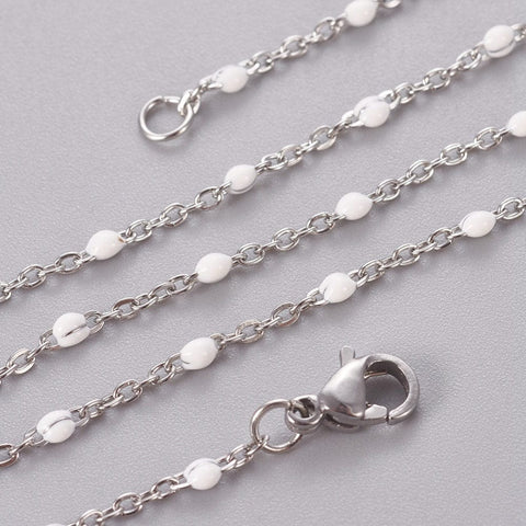 BeadsBalzar Beads & Crafts STEEL/WHITE (SC6627X) 304 Stainless Steel Cable Chain Necklaces, with Enamel Links and Lobster Claw Clasps, Solder, about (45cm) long, 1.7~2.5mm wide, clasp: 9x6.5x3mm, jump ring