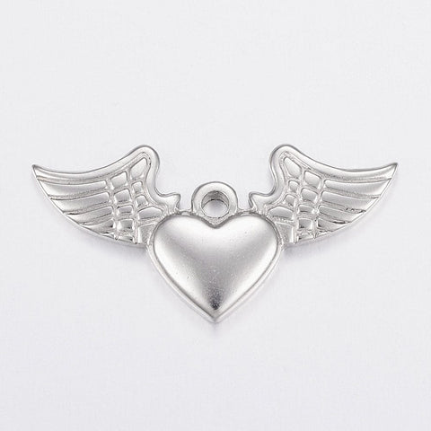 BeadsBalzar Beads & Crafts (SW6114A) 304 Stainless Steel Pendants, Heart and Wing, 40mm, (2 PCS)