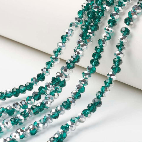BeadsBalzar Beads & Crafts TEAL (BE8702-M15) (BE8702-X) Electroplate Transparent Glass Beads Strands, Half Silver Plated, Faceted, Rondelle, 8x6mm (1 STR)