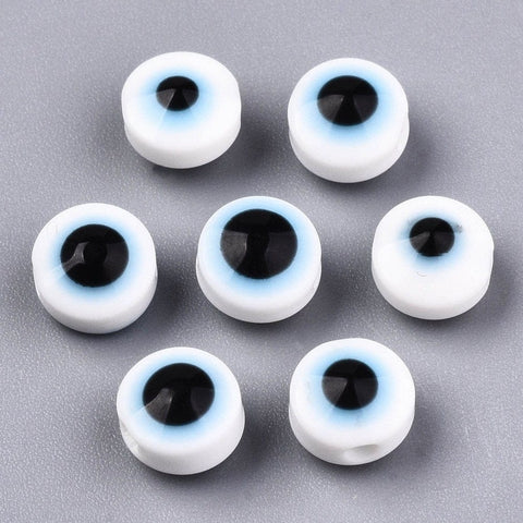 BeadsBalzar Beads & Crafts WHITE (EE4444-26) (EE4444X) Resin Beads, Flat Round, Evil Eye,10~11mm (50 PCS)