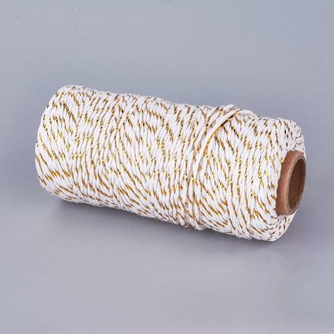BeadsBalzar Beads & Crafts WHITE (MC7798-02B) (MC7798-X) Cotton String Threads, Macrame  with Gold Wire, 1~1.5mm (100m)